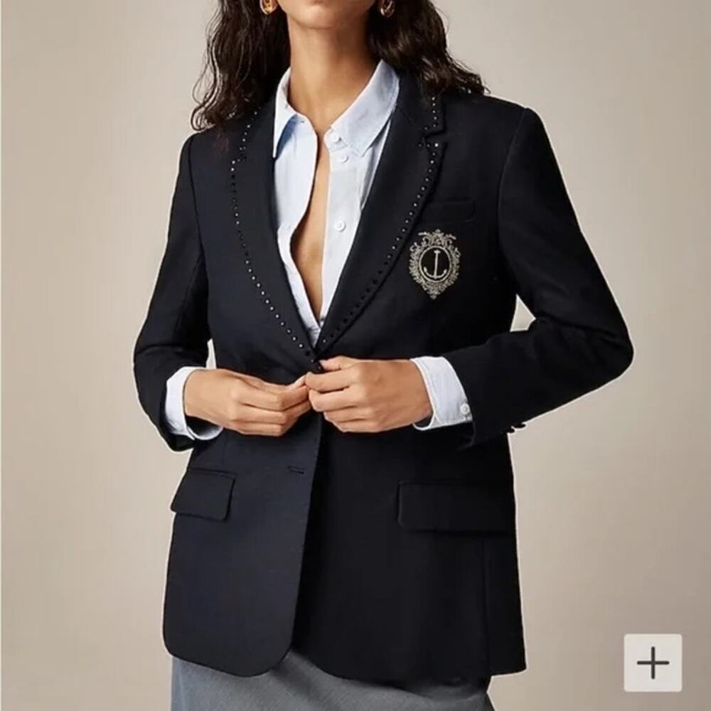 J. Crew Collection Relaxed Blazer Crest Embellishment In Wool-Blend Navy 12 NWT